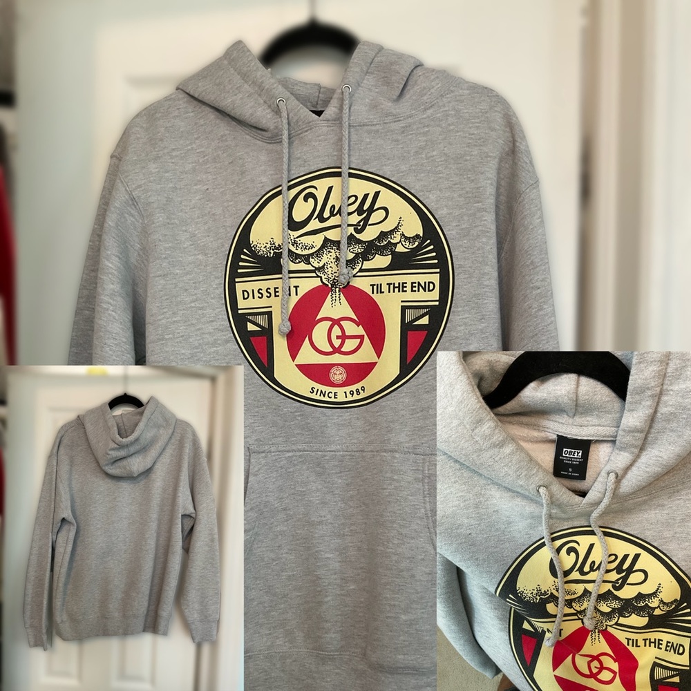 Obey Grey Hoodie size: Small - “DISSENT TIL THE END”